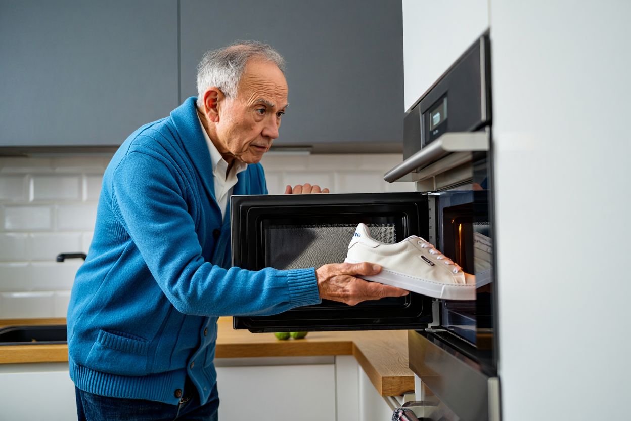 пожилой мужчина кладет кроссовок в микроволновку